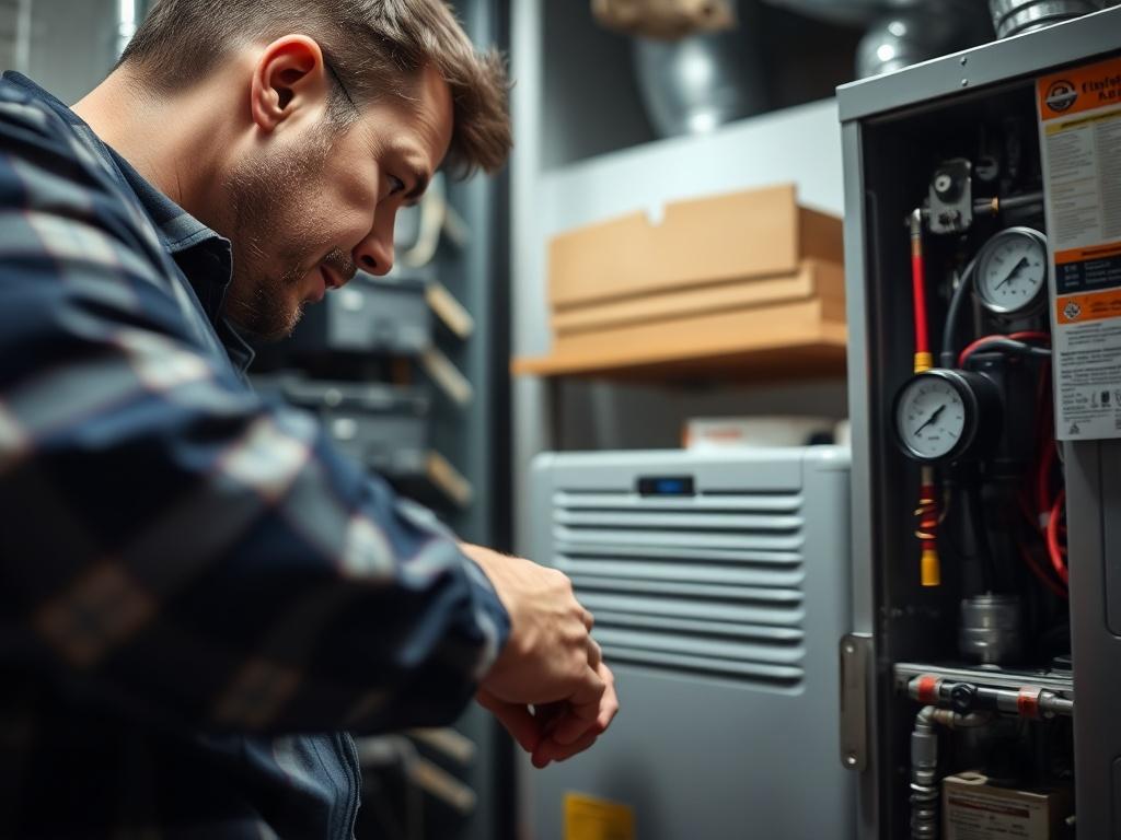 A close-up photo of an HVAC technician inspecting a furnace in a residential basement. The focus is on the technician's hands as they check components, with tools and gauges visible. The background should be slightly blurred but still depict a well-organized and clean basement environment.