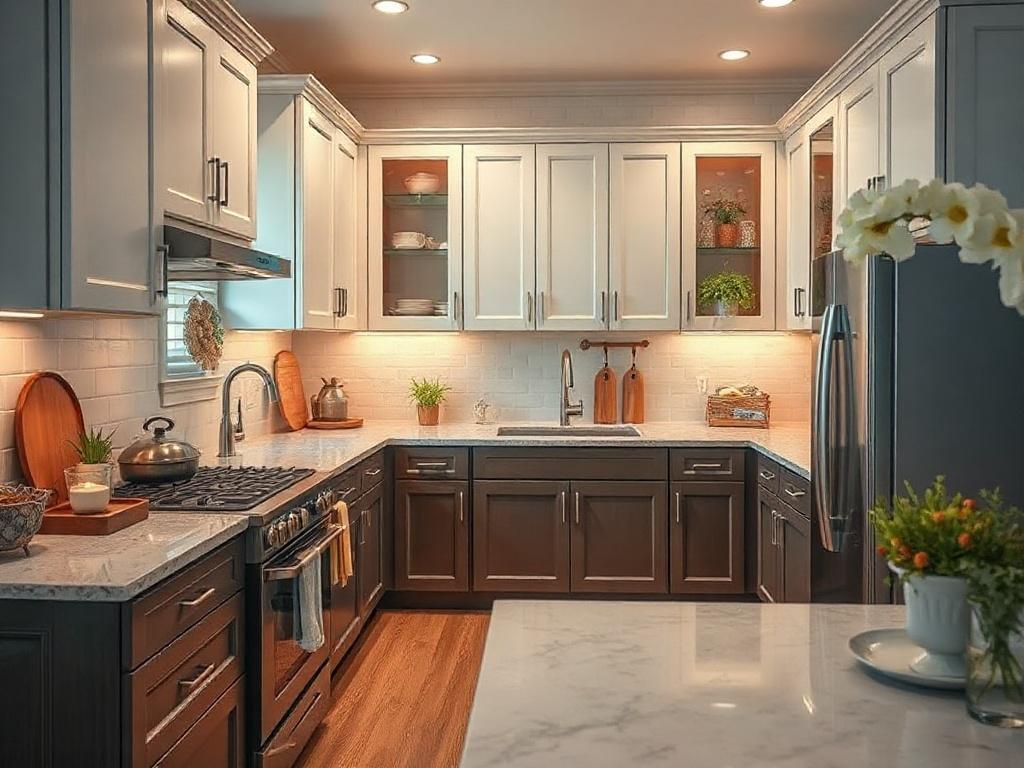 A beautifully remodeled kitchen featuring modern appliances, sleek countertops, and stylish cabinetry. The kitchen should be well-lit, with warm colors and inviting decor, showcasing a cozy yet contemporary atmosphere. The background should be simple and clean, emphasizing the kitchen's elegance and functionality.