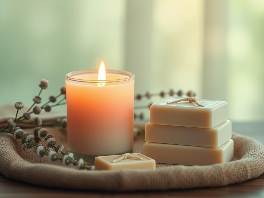 A serene setting featuring a beautifully crafted candle with soft,