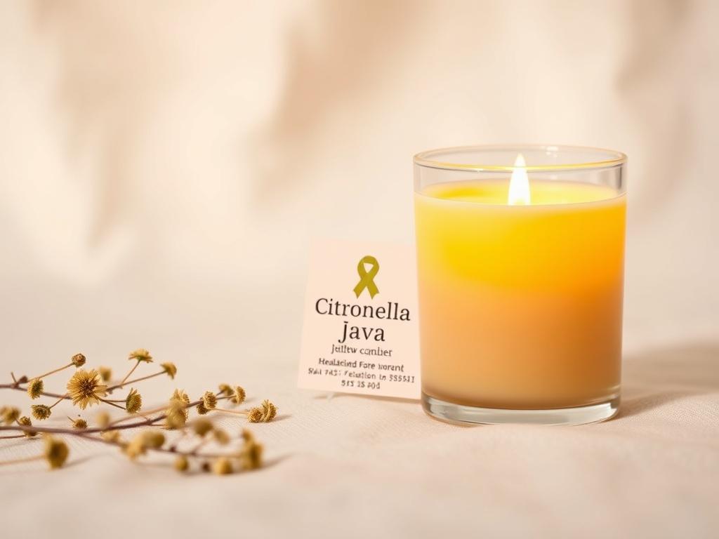 A realistic high-resolution photo of the Yellow Ribbon Citronella Java candle, featuring a warm, inviting glow. The candle is placed on a soft, neutral-toned surface, surrounded by delicate natural elements like dried flowers and gentle greenery. The background has a peaceful atmosphere with soft lighting that creates a sense of tranquility, emphasizing the candle's purpose for healing and empowerment.