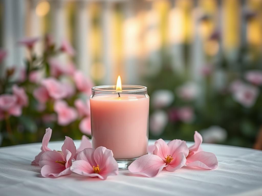 A single Victoria Pink Geranium candle placed elegantly on a soft, white linen tablecloth. The candle is in a clear glass jar, showcasing its pale pink hue, with a gentle flame flickering at the top. Surrounding the candle are soft pink geranium petals, and in the background, there is a subtle, blurred view of a peaceful garden setting with soft, natural lighting that creates a warm and serene atmosphere.