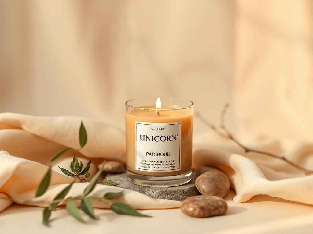 A high-resolution image of a single Unicorrn Patchouli candle, elegantly placed on a soft, serene background. The candle has a gentle glow, showcasing its earthy patchouli color. Surround the candle with subtle elements that evoke a sense of peace, such as soft fabrics and natural elements like leaves or stones. The lighting should be warm and inviting, creating a tranquil atmosphere that embodies healing and resilience.