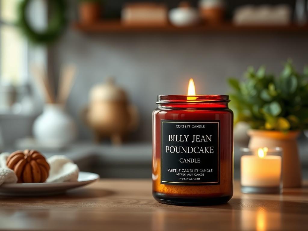 A realistic high-resolution photo of a single Billy Jean Poundcake Candle, featuring a warm, inviting candle design with soft lighting. The background should be a serene setting, perhaps with subtle hints of a kitchen or cozy living space to evoke feelings of home and comfort. The candle should be the main focus, showcasing its elegant shape and color, while the soft tones and gentle lighting create a peaceful atmosphere.