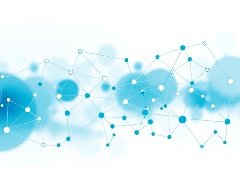 Abstract data flow visualization with interconnected nodes representing API processing