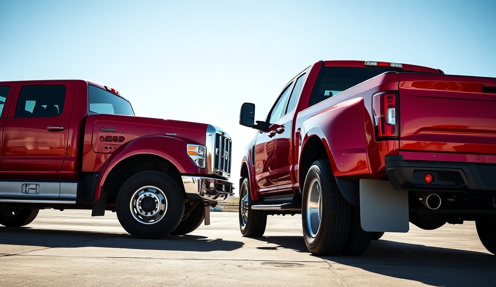 Fleet of professional dually pickup trucks ready for service