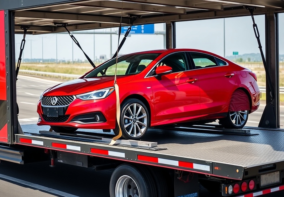 Red sedan car being transported securely on a professional car hauler