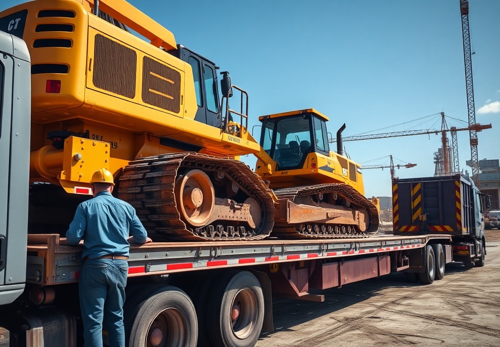 Heavy construction equipment being loaded onto a professional hauling truck