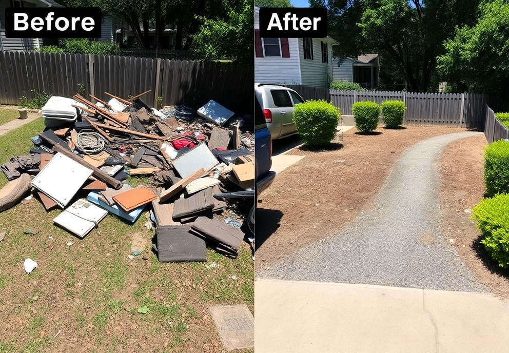Before and after comparison of professional junk removal and site cleanup service