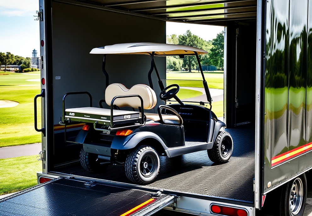 Golf cart being carefully loaded onto a transport truck with protective padding