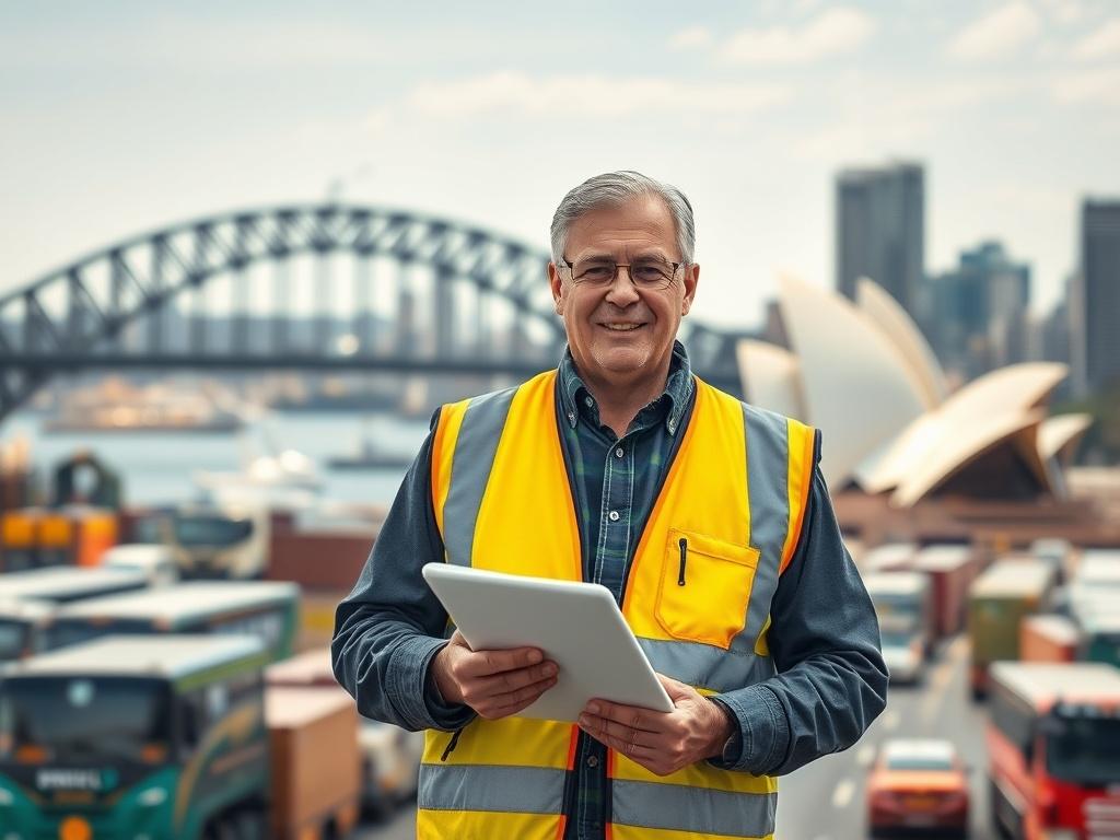 Create a realistic high-resolution photo that embodies the theme of "Navigating Sydney's Logistics Challenges." Focus on a single subject: a professional logistics manager standing confidently in front of a busy Sydney city backdrop, showcasing the urban landscape. The subject should be a middle-aged person, wearing a high-visibility safety vest and holding a logistics plan or tablet, illustrating their active role in overcoming transportation obstacles. 

Include iconic Sydney landmarks in the background, 