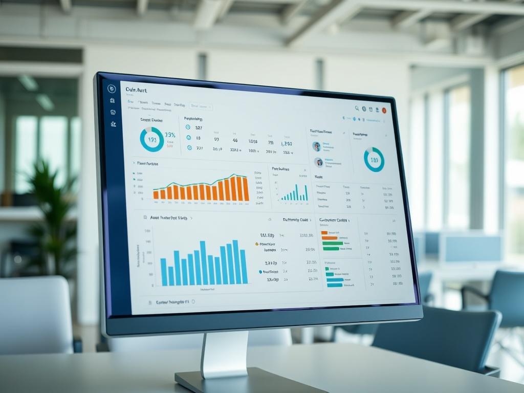 A close-up shot of a computer screen displaying a user-friendly CRM dashboard with organized customer data. The screen shows graphs, charts, and customer profiles, illustrating data management. The background is a clean, modern office environment with natural lighting, highlighting a sense of professionalism and efficiency.