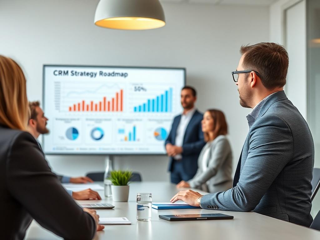 A professional consultant presenting a CRM strategy roadmap to a