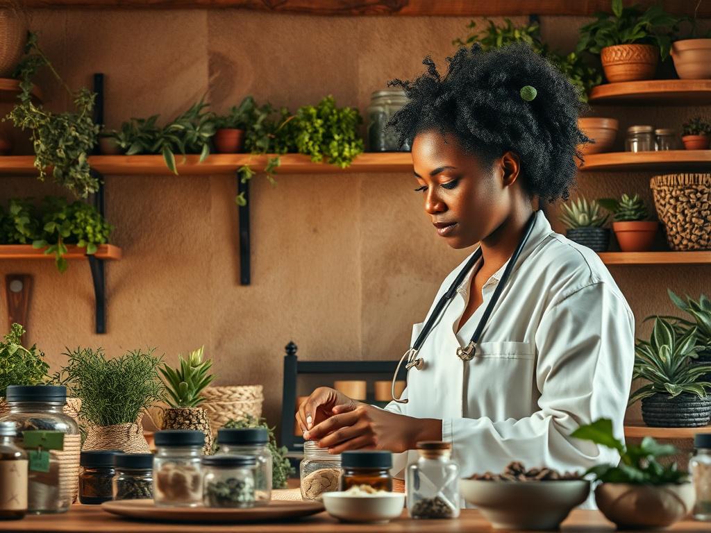A serene and inviting herbal healing space featuring a single herbalist, Doctor Osazele, thoughtfully preparing herbal remedies. The background showcases earthy textures with wooden shelves filled with various herbs, plants, and natural ingredients. The lighting is warm and natural, creating a peaceful atmosphere that reflects holistic healing. The herbalist is focused on the task, embodying a sense of calm and expertise, surrounded by nature-inspired decor.