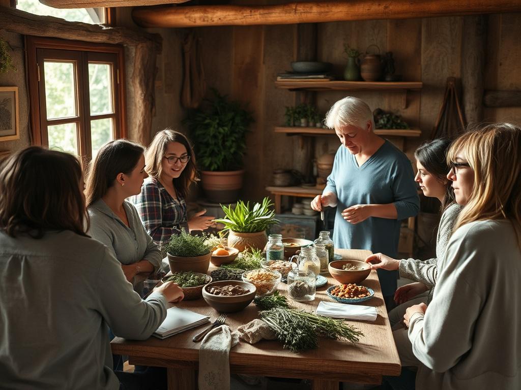 A lively group workshop taking place in a cozy, rustic setting, with participants gathered around a table filled with herbs and natural ingredients. The facilitator, an experienced herbal healer, is demonstrating how to prepare herbal remedies. The atmosphere is warm and inviting, with natural light streaming in, creating a sense of community and shared learning. The image captures the essence of collaboration and connection in health education.