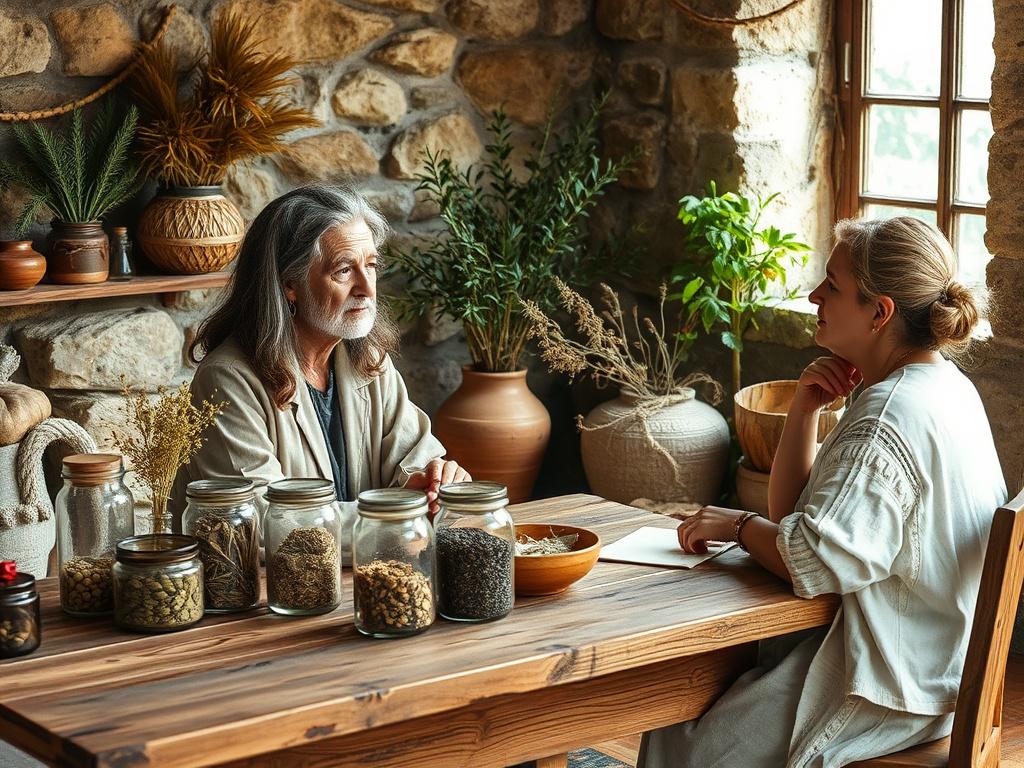 A knowledgeable herbal healer sits at a rustic wooden table, surrounded by jars of dried herbs and plants. The healer is engaged in a consultation with a client, who appears attentive and curious. The background features earthy textures, such as stone walls and natural light filtering through a window. The overall atmosphere is warm and inviting, emphasizing a connection to nature and holistic wellness.