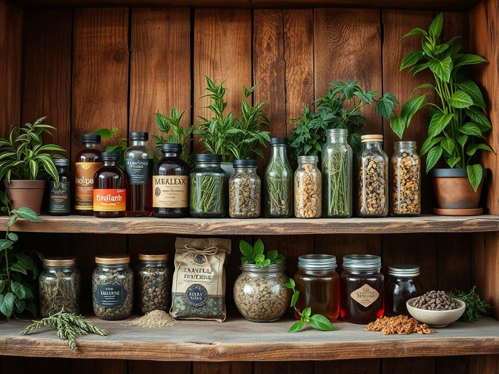 An array of vibrant herbal remedies displayed on a rustic wooden shelf, showcasing tinctures, teas, and dried herbs in glass jars. The scene is well-lit, highlighting the rich colors and textures of the herbs. There is an earthy, grounded feel to the setting, with potted plants in the background, creating a harmonious connection to nature. The image conveys a sense of well-being and natural healing.