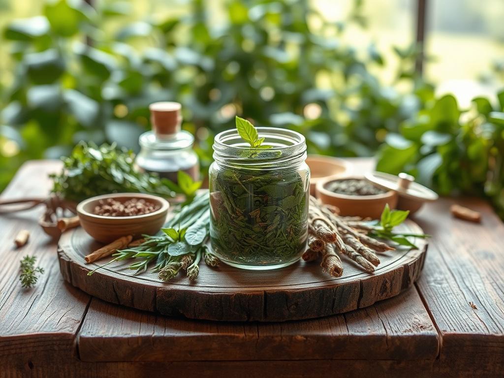 A high-resolution image of a serene herbal healing space featuring a rustic wooden table adorned with various natural herbal remedies. In the center, a glass jar filled with vibrant green herbal mixture captures attention, surrounded by fresh herbs and earthy textures. The background showcases soft, natural light filtering through greenery, creating a calming atmosphere that reflects health and wellness.