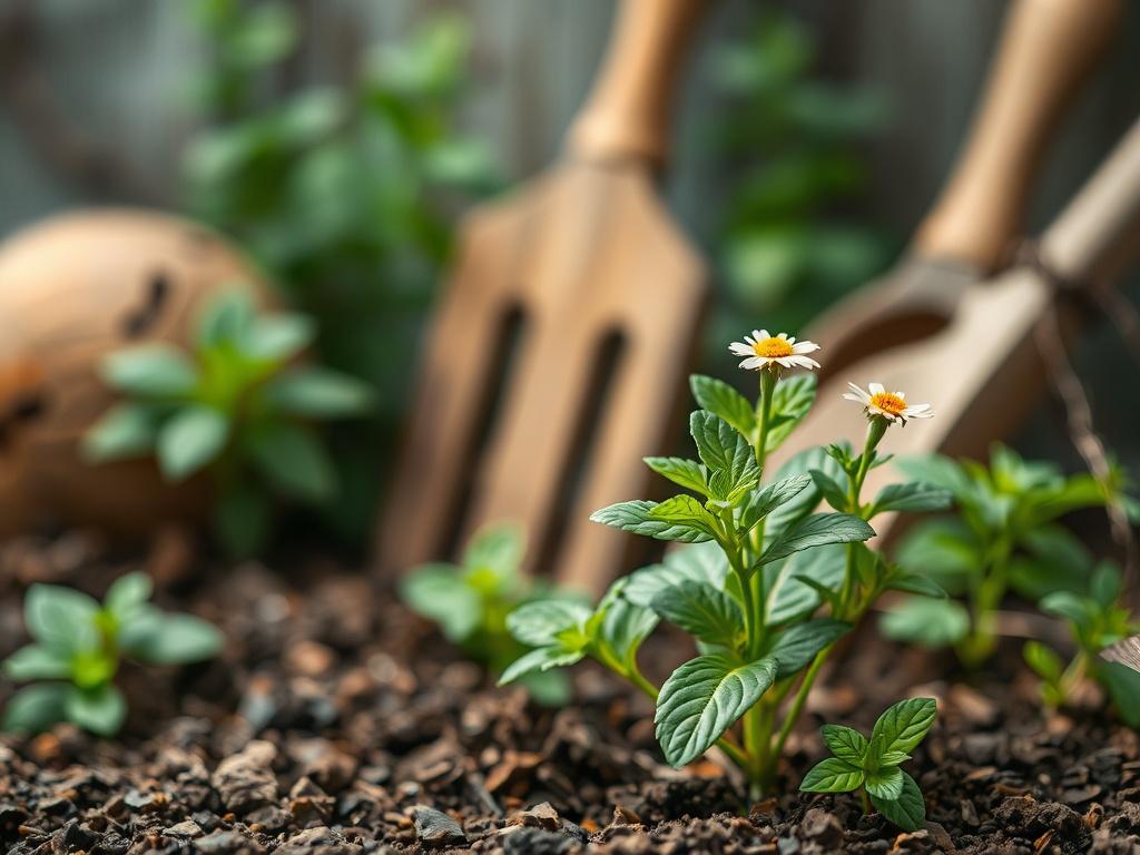 A serene setting depicting a vibrant herbal garden. The image features a single, lush green plant with bright flowers symbolizing health and vitality, placed in the foreground. The background is softly blurred, showcasing earthy textures like wooden garden tools and rich soil, creating a grounded and rustic feel. The color palette consists of natural tones harmonizing with primary color rgb(162, 175, 127), evoking a sense of wellness and connection to nature.