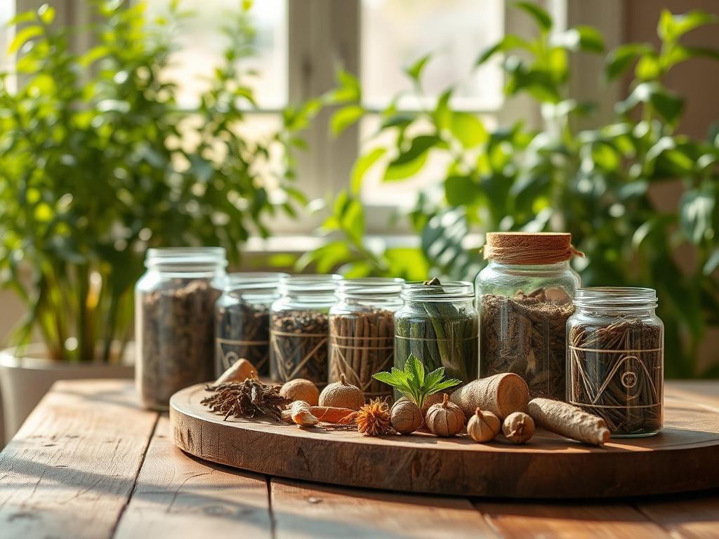 A serene and inviting herbal healing space featuring a wooden table adorned with various jars of dried herbs and roots. In the background, lush green plants create a calming atmosphere, while natural light filters through a window, casting soft shadows. The overall aesthetic is earthy and rustic, embodying the essence of holistic healing.