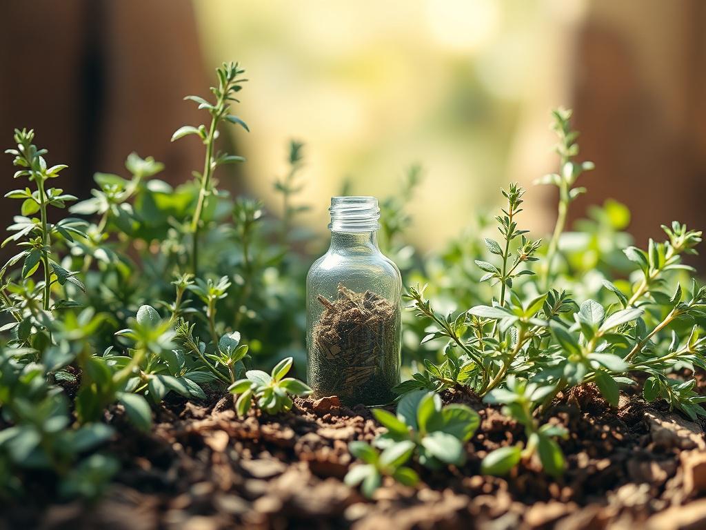 A serene, earthy setting featuring a single herbal remedy bottle surrounded by various green herbal plants. The background should be softly blurred to create a calming atmosphere, highlighting the natural textures and colors of the herbs. The bottle should be clear, showcasing the herbal contents inside, with sunlight gently illuminating the scene, creating a warm and inviting feel.