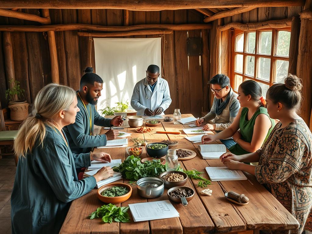 An engaging workshop scene featuring a diverse group of participants gathered around a large wooden table. They are actively learning about herbal remedies, with various herbs, books, and tools spread out before them. The instructor, Doctor Osazele, is demonstrating a technique, while participants attentively observe. The rustic setting, enhanced by natural light streaming in, creates an inspiring and educational atmosphere.