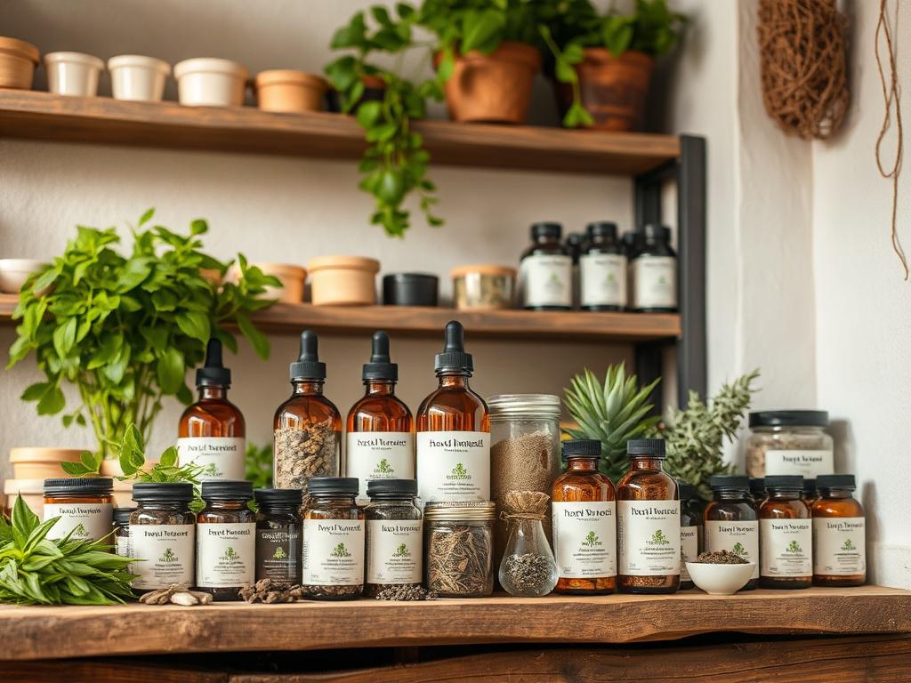 A beautifully arranged display of herbal healing products, including jars of herbal remedies, tinctures, and herbal teas. The setting features rustic wooden shelves and natural earthy textures, creating a warm and inviting atmosphere. Soft, diffused lighting highlights the vibrant colors of the herbs and products, while a few green plants in the background add freshness to the scene.