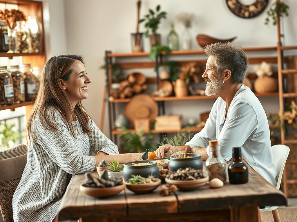 A serene herbal consultation scene featuring a knowledgeable healer with a warm smile, surrounded by various herbs and natural remedies. The healer is engaged in conversation with a client, sitting at a rustic wooden table adorned with earthy textures. Soft natural light filters in, creating a calming atmosphere. The background showcases shelves filled with jars of dried herbs and plants, enhancing the holistic vibe.