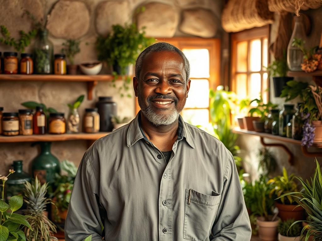 A serene and inviting image of a holistic herbal healer in a peaceful, rustic setting. The healer, a middle-aged African man, stands confidently with a warm smile, surrounded by an array of vibrant herbal plants and natural remedies. The background features earthy textures, like wooden shelves filled with jars of herbs, and soft natural light filtering through a window. The overall tone is grounded and earthy, reflecting a connection to nature.