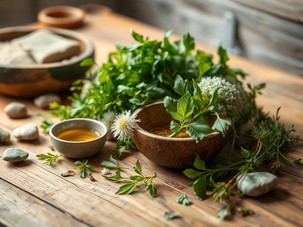 A high-resolution image of a serene herbal preparation scene, featuring a rustic wooden table filled with fresh herbs like dandelion and milk thistle, surrounded by natural elements such as stones and a small bowl of herbal tincture. The background should be softly blurred to highlight the vibrant green of the herbs, with warm natural lighting enhancing the earthy tones to create a grounded, calming atmosphere.