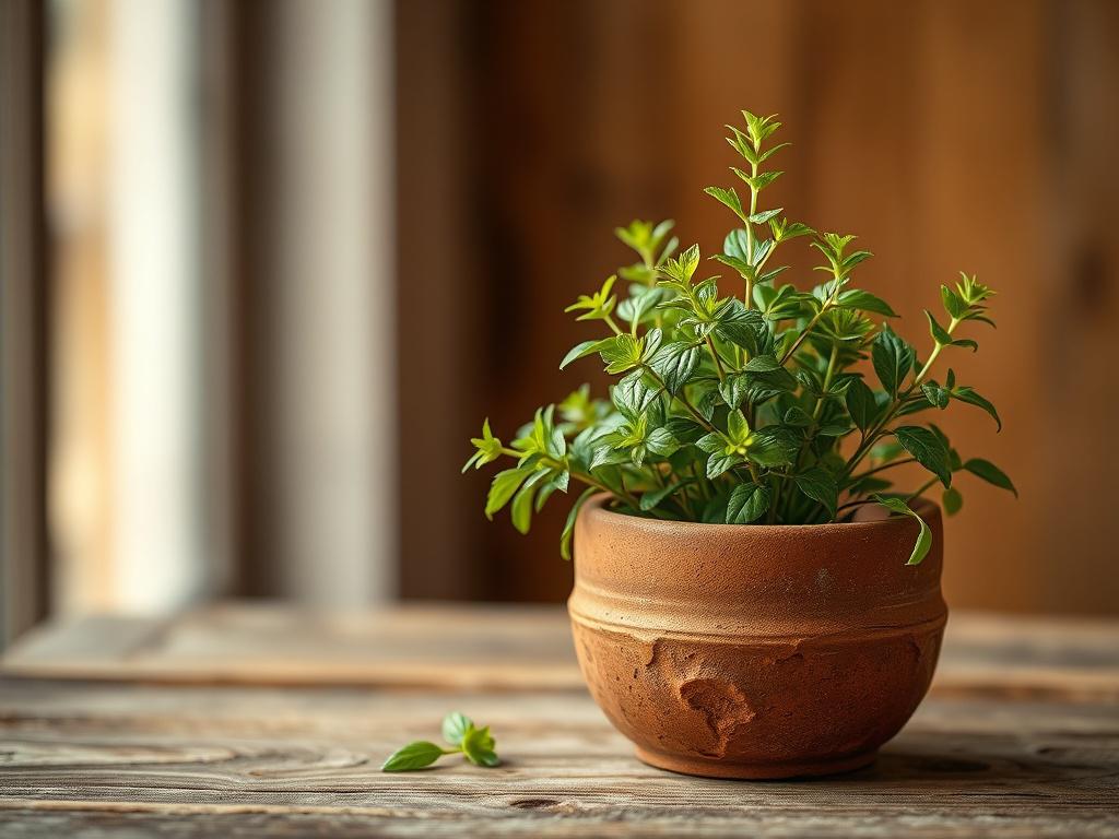 A close-up image of a single, vibrant green herbal plant in a rustic earthen pot, placed on a wooden table. The background is softly blurred to emphasize the plant, showcasing a warm, natural light that highlights the earthy textures of the pot and table. The overall tone should evoke a sense of calm and healing, in harmony with nature.