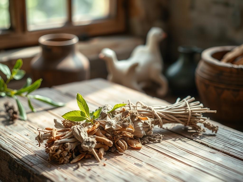 A serene herbal healing scene featuring a single, beautifully arranged herbal remedy on a rustic wooden table. The remedy includes a variety of dried herbs in natural tones, with some green leaves peeking through. In the background, soft natural light filters through a window, casting gentle shadows and highlighting the earthy textures of the surroundings. The overall composition should evoke a sense of calm and healing, inviting the viewer to explore the benefits of herbal remedies.