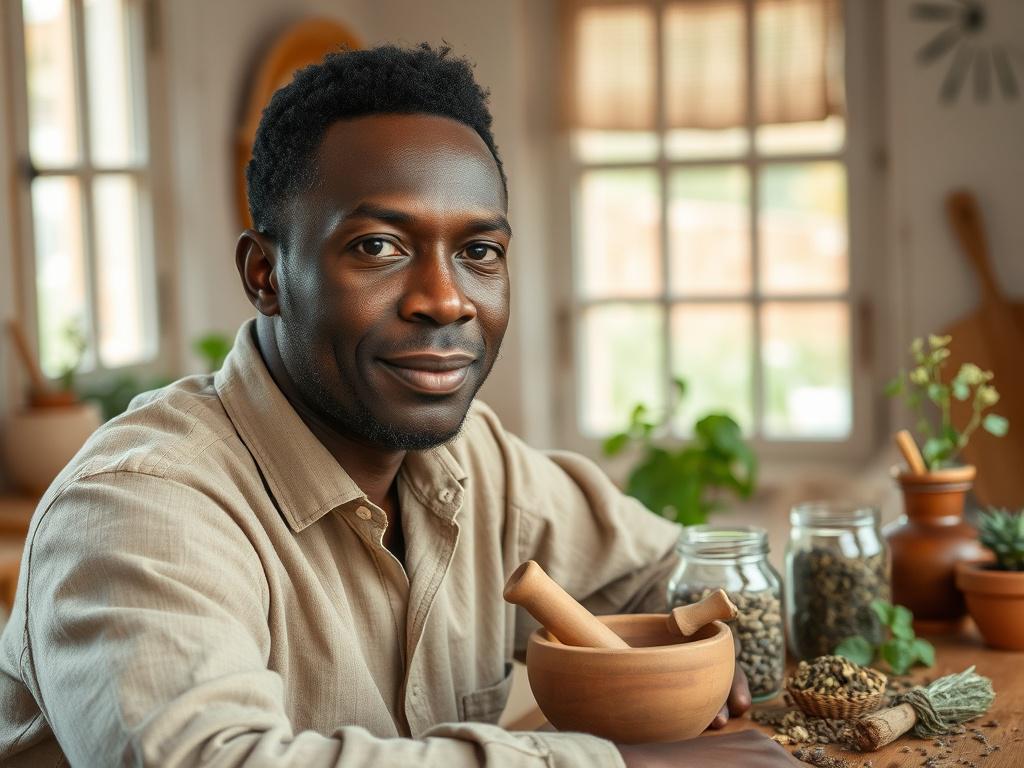 **AI Image Generation Prompt:**

Create a realistic, high-resolution photo that embodies the theme of "Natural Healing for Chronic Conditions." The composition should feature a close-up of a serene, compassionate herbal healer, representing Doctor Osazele. The subject should be a middle-aged Black man with a gentle expression, wearing a simple linen shirt in earthy tones, reflecting a grounded and holistic lifestyle. 

He is seated at an inviting wooden table covered with various natural herbs, plants, and 