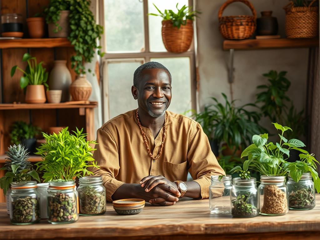 A serene herbal consultation scene featuring a thoughtful herbal healer, Dr. Osazele, in a cozy, earthy-toned office filled with natural light. The healer, a middle-aged African man with a warm smile, is seated at a wooden table surrounded by vibrant herbal plants and jars filled with herbs. The background showcases rustic textures like wooden shelves and woven baskets, creating a tranquil atmosphere. The overall color palette complements earthy tones, promoting a sense of calm and healing.