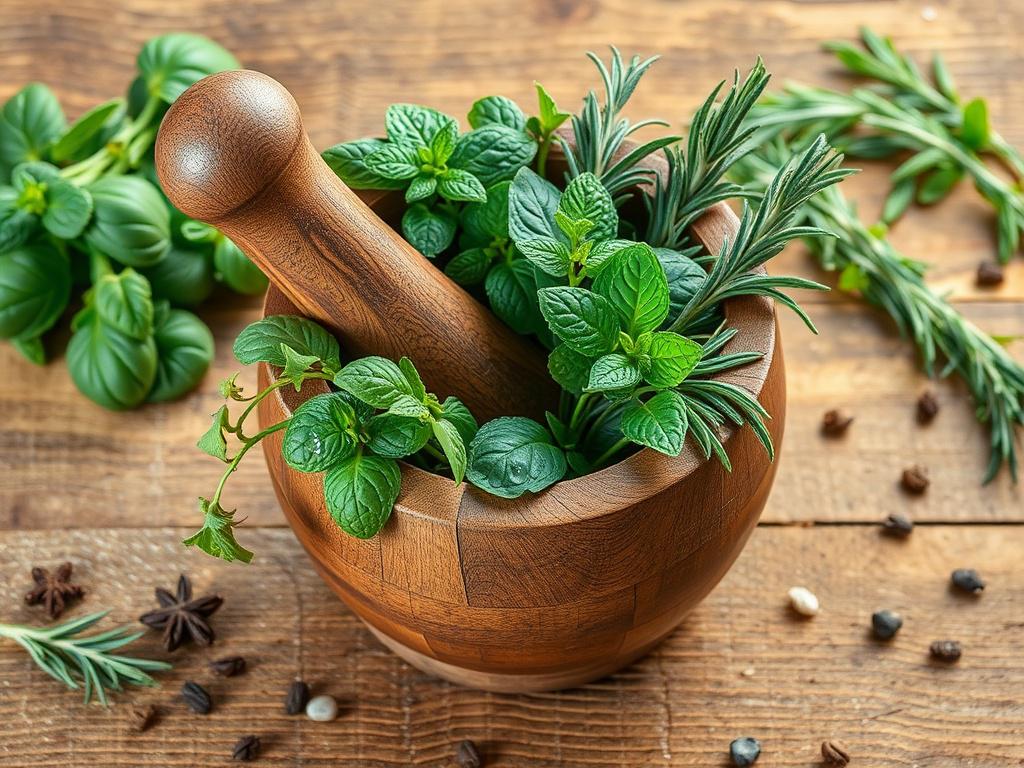**AI Image Generation Prompt:**

Create a highly detailed, realistic, high-resolution photo that embodies the essence of a blog titled "Embrace the Power of Herbal Remedies." 

**Composition:** The image should feature a single, striking subject to maintain simplicity and clarity. 

**Subject Matter:** Focus on a beautifully arranged set of various fresh herbs such as basil, mint, and rosemary, artfully displayed in a rustic wooden mortar and pestle. The herbs should look vibrant and fresh, reflecting their