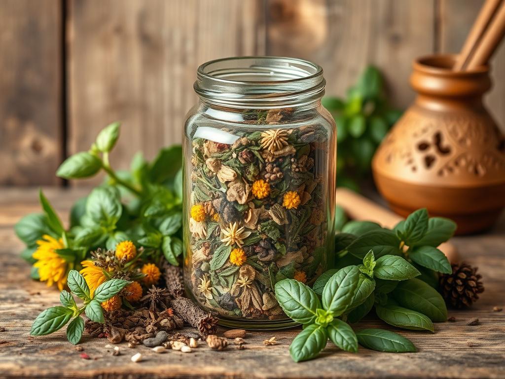 **AI Image Generation Prompt:**

Create a realistic high-resolution photo for a blog titled "Embracing Natural Remedies: The Power of Herbal Healing." The composition should be simple and clear, with a single subject placed centrally in the frame. The subject is an elegant glass jar filled with a vibrant assortment of dried herbs and flowers, symbolizing the essence of herbal healing. 

The jar should be transparent to showcase the rich, earthy colors of the herbs—deep greens, golden yellows, and soft brown