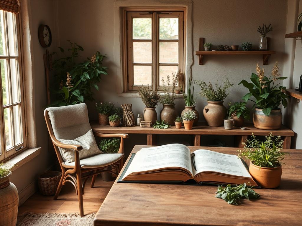 A serene consultation room with natural light filtering through a window, showcasing an herbalist's desk adorned with various herbs and plants in rustic containers. The image captures a single herbal consultation setup with a comfortable chair, a wooden table, and an open herbal book, set against earthy tones and textures.