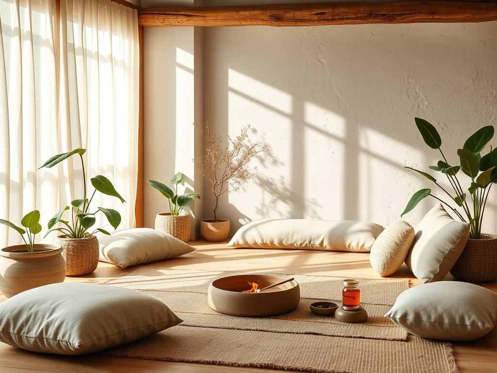 A tranquil healing environment featuring a comfortable meditation space with soft cushions, plants, and natural light. The image highlights a single meditation setup, with calming elements like incense and herbal teas, creating an inviting atmosphere for holistic healing.