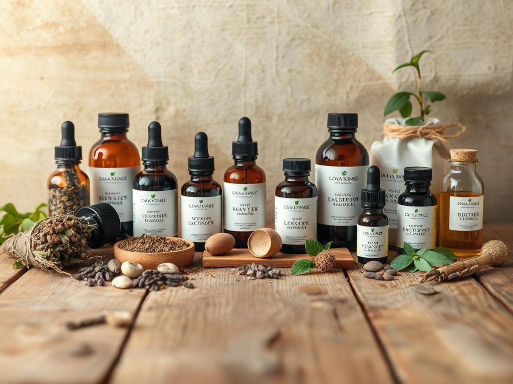 A rustic wooden table displaying an array of natural herbal remedies, including dried herbs, tinctures, and essential oils. The background features soft, earthy textures and warm lighting, emphasizing the organic and holistic nature of the products.