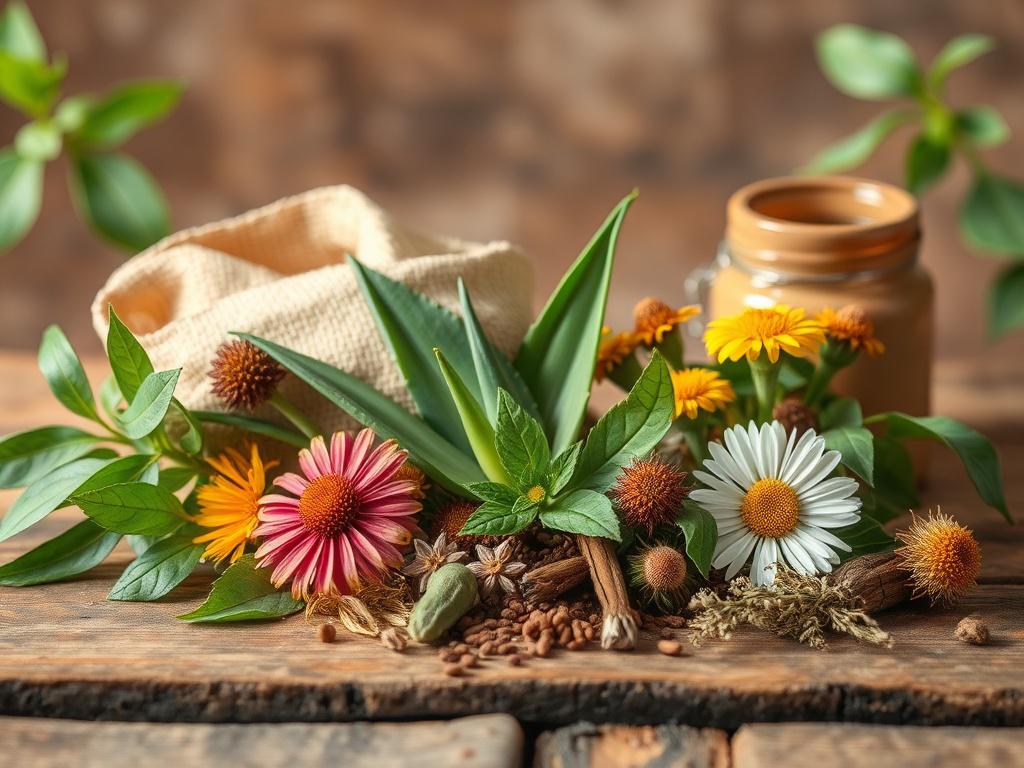 **AI Image Generation Prompt:**

Create a realistic, high-resolution photograph for a blog titled "Herbal Remedies for STDs," emphasizing the theme of holistic healing. The composition should be simple and clear, focusing solely on one subject. 

The subject should be a neatly arranged display of various herbal ingredients used in traditional herbal medicine for treating STDs. Include fresh green leaves such as neem and aloe vera, along with dried herbs like chamomile and calendula, artfully placed on a rus