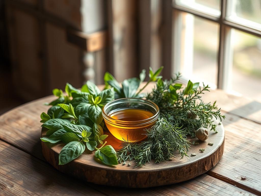 Create a realistic high-resolution photo of a single herbal remedy set against a rustic wooden table. The subject should be a beautifully arranged collection of fresh herbs, such as basil, thyme, and eucalyptus, with a small bowl of herbal oil in the center. The background should feature soft, natural light filtering through a window, casting gentle shadows, and highlighting the earthy textures of the wooden surface. The overall color palette should align with earthy tones, particularly incorporating the pr
