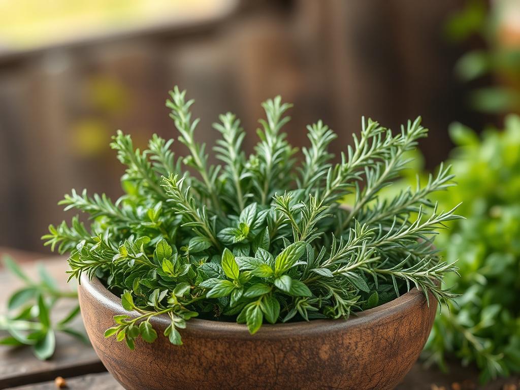 **AI Image Generation Prompt:**

Create a realistic high-resolution photo that illustrates the blog titled "Herbal Treatment for Infections." Focus solely on a single subject positioned prominently in the center of the composition. The subject should be a vibrant arrangement of fresh, green herbs, such as thyme, oregano, and rosemary, artfully displayed in a rustic wooden bowl. Each herb should display its unique textures and colors, capturing the vital essence of nature’s healing power.

The background sho