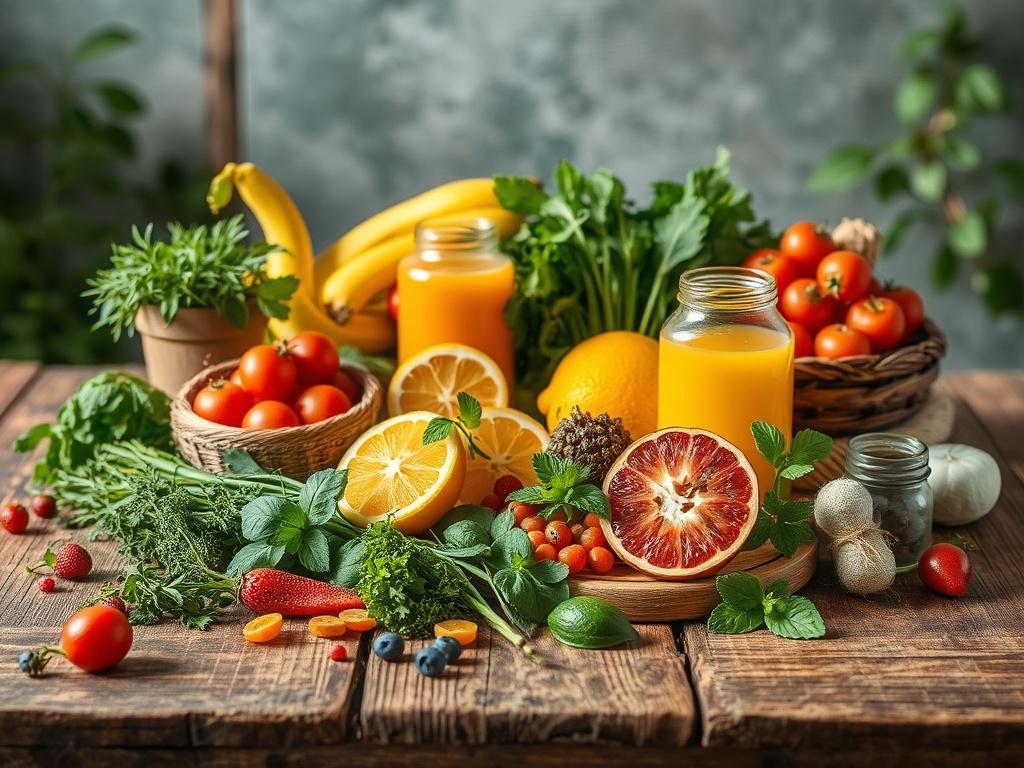 A vibrant detoxification program setup featuring fresh herbs, fruits, and