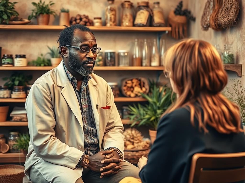 A serene herbal consultation setting featuring Doctor Osazele, an African