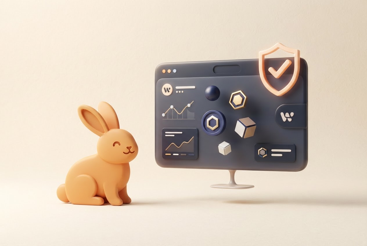 Illustration of a rabbit mascot beside a browser wallet card
