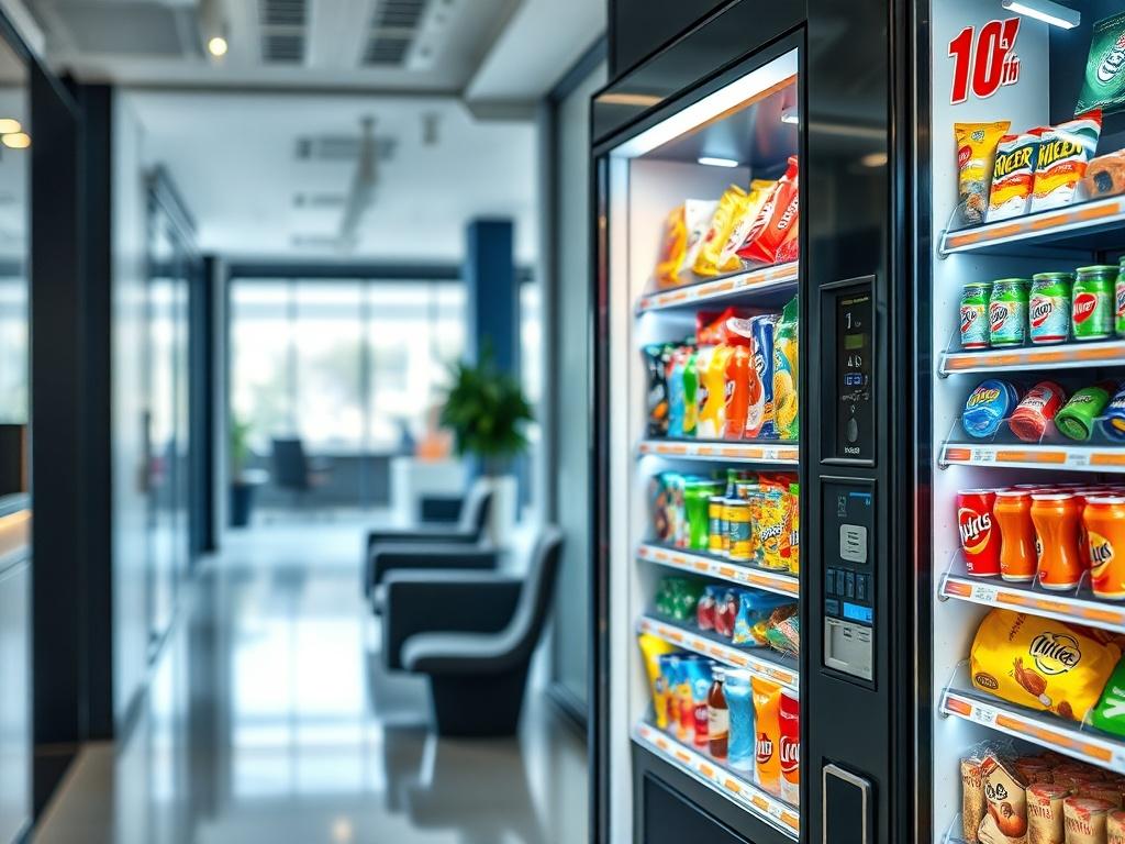 A vibrant vending machine filled with various snacks and drinks,