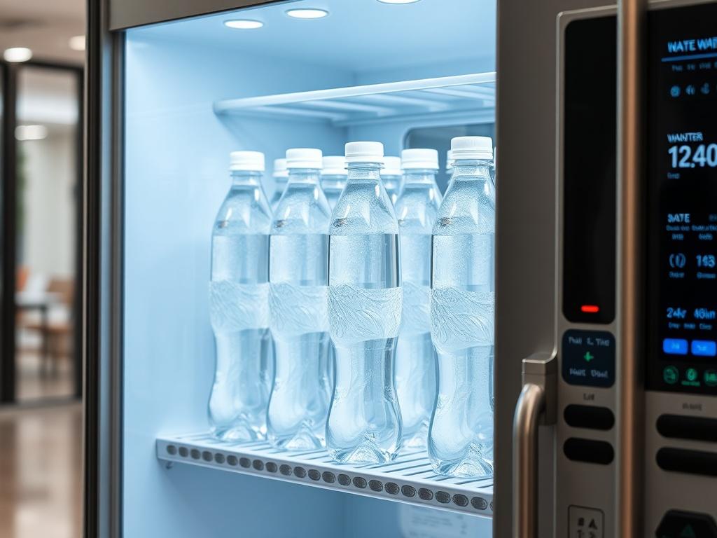 A sleek water vending machine filled with clear bottled water,