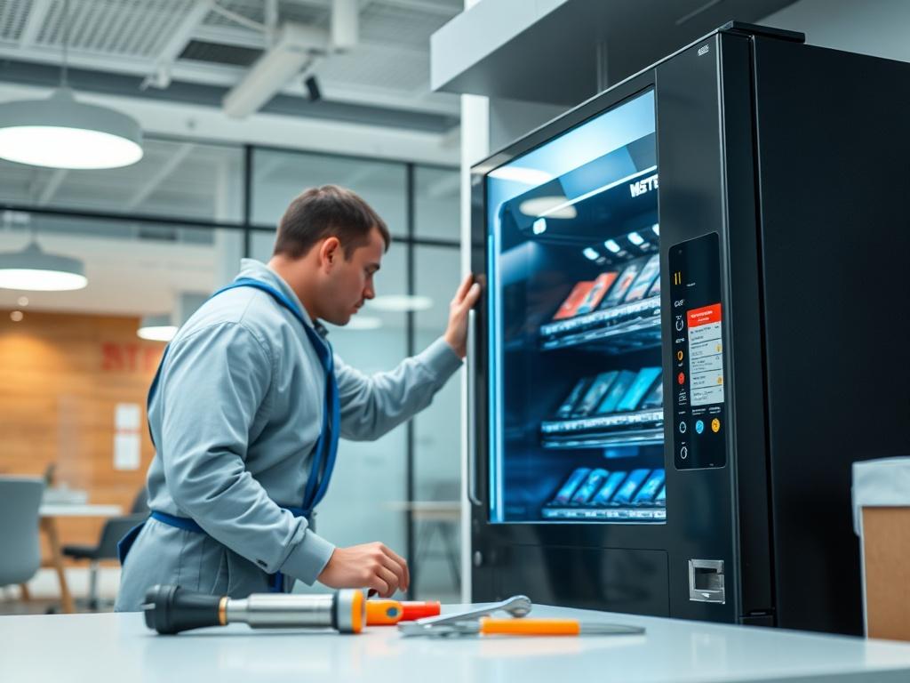 A technician installing a vending machine in a modern office
