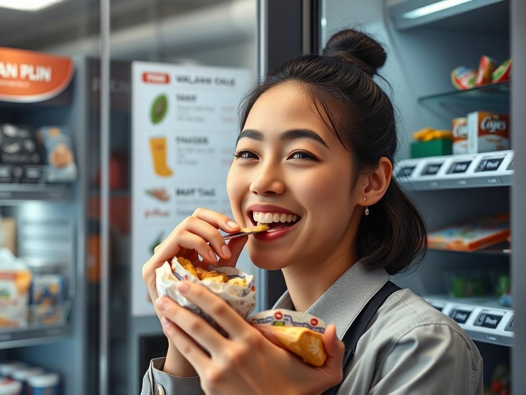 A close up of a happy employee enjoying a snack
