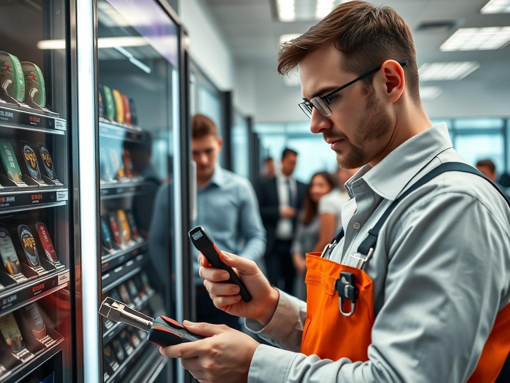 A technician troubleshooting a vending machine in a workplace, with