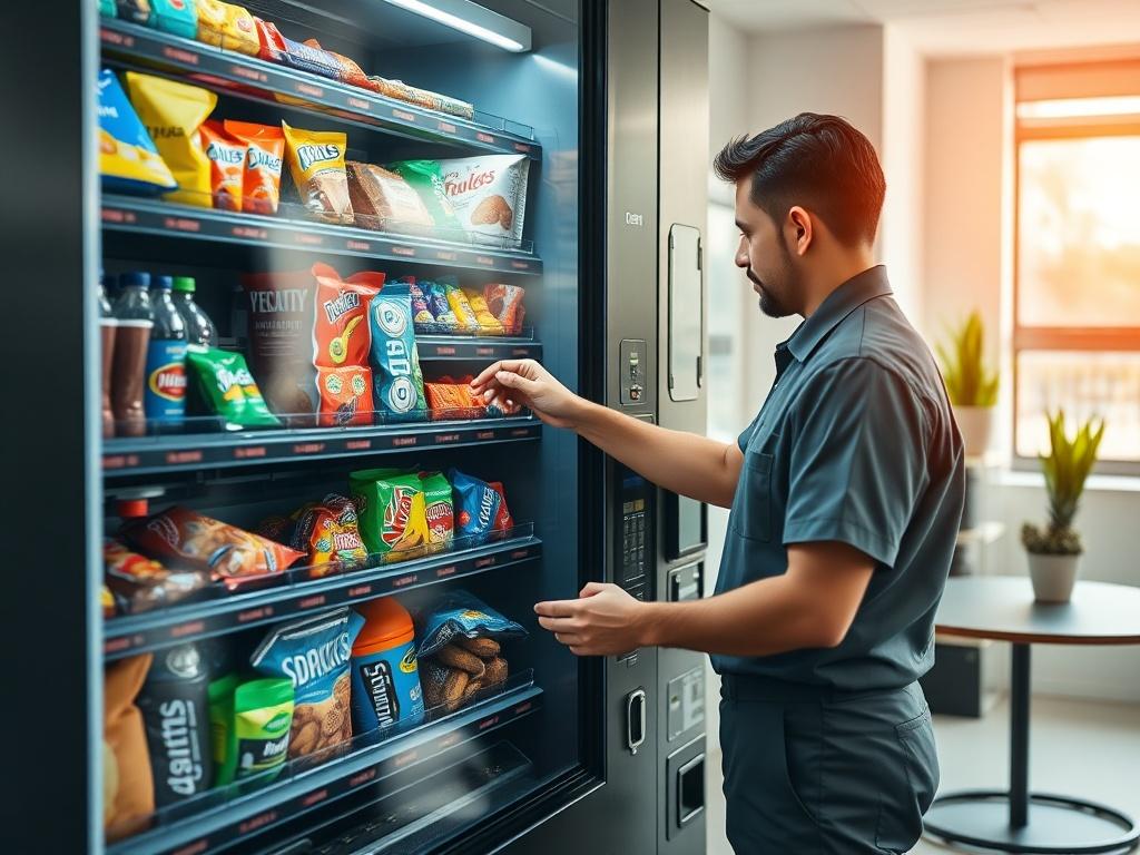 A close-up shot of a vending machine being restocked. The image features a technician wearing a uniform, carefully placing snacks and drinks into the vending machine's compartments. The machine is modern and well-lit, showcasing a variety of colorful products. The background is a clean, organized break room with a few plants and a table, creating a welcoming atmosphere. The focus is on the technician's hands and the vibrant products inside the machine.